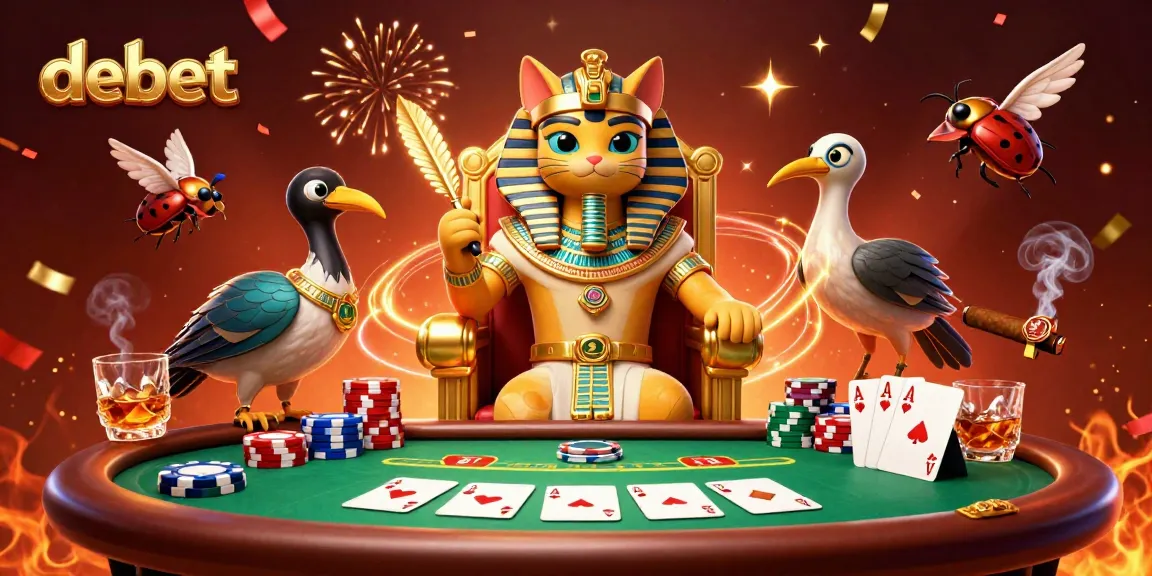Debet showcases a vibrant 3D poker scene with dynamic characters and rich casino elements.