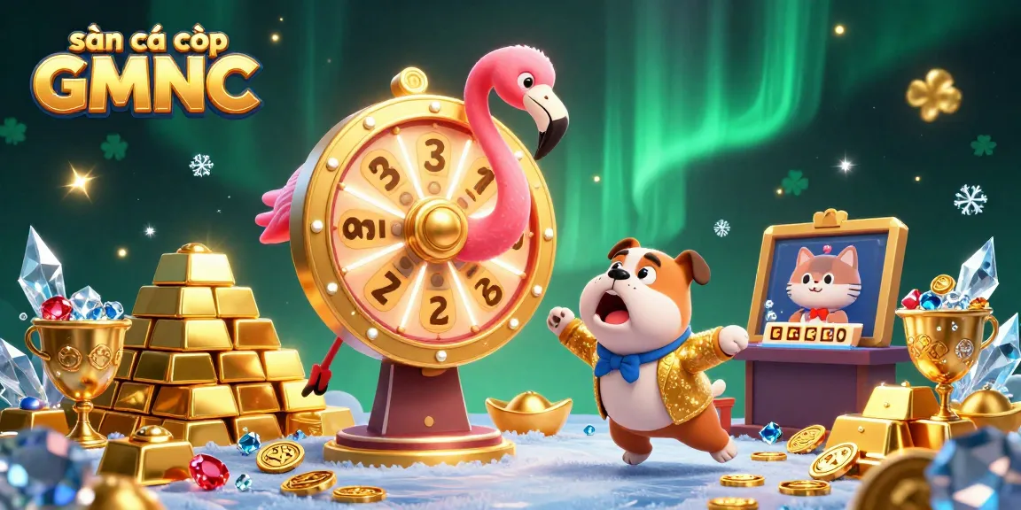 Spin the giant prize wheel with excitement at sàn cá cược GMNC, surrounded by gold and gemstones.