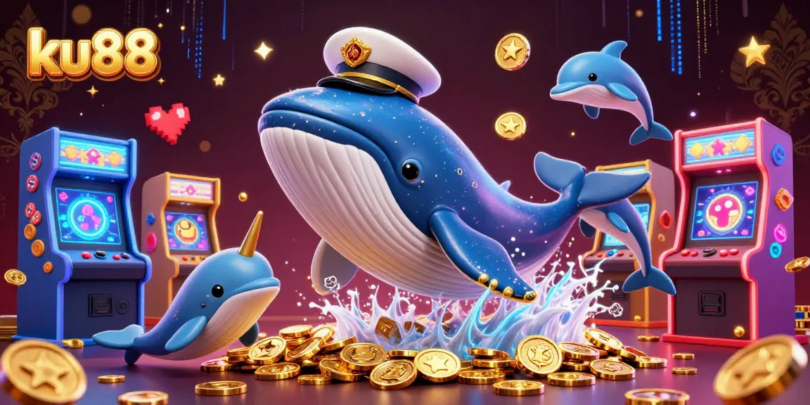 ku88 vibrant illustration of a cartoon whale breaching through coins alongside a narwhal and dolphins.