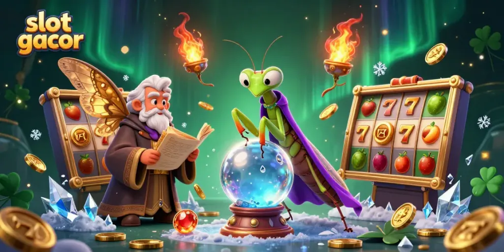 Experience slot gacor action with a mystical fortune teller and lively symbols in a dynamic casino setting.