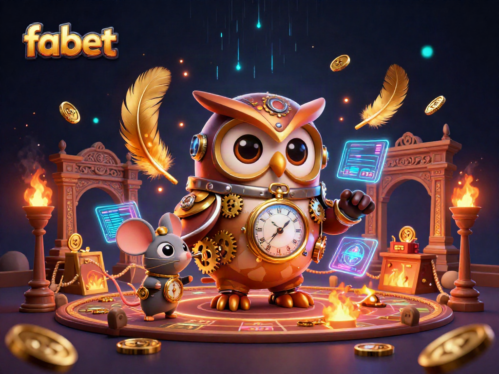 Engage with fabet gaming in a vibrant 3D illustration featuring dynamic characters and casino elements.