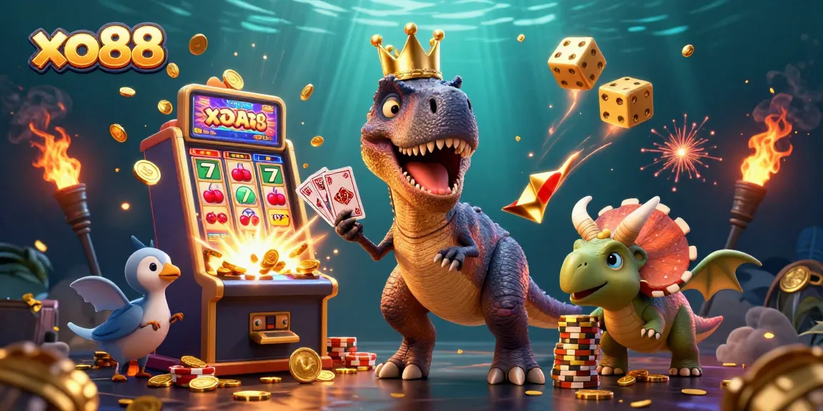 Engage with exciting xo88 gaming moments featuring a T-Rex shuffling cards amidst a jackpot explosion.
