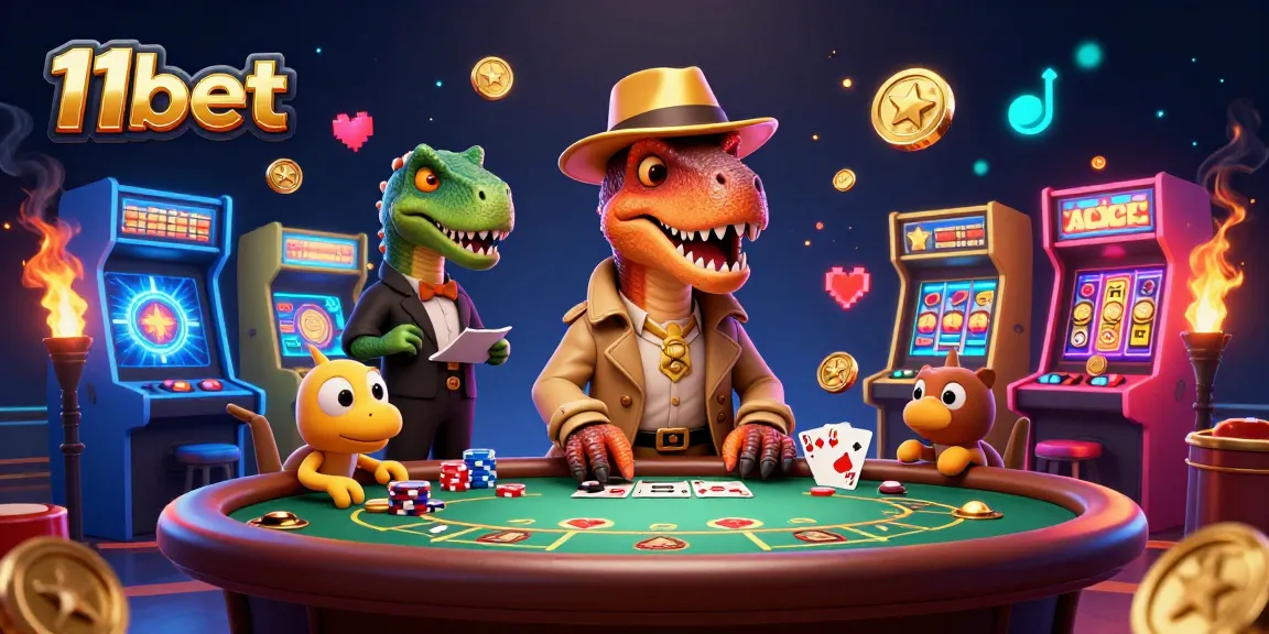 Experience suspense with 11bet's dynamic scene featuring a velociraptor at a blackjack table.