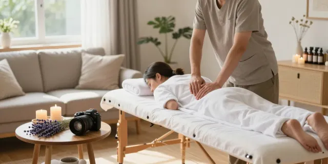 Relaxing 양천구출장안마 in a serene home wellness space with a therapist, candles, and calming ambiance.