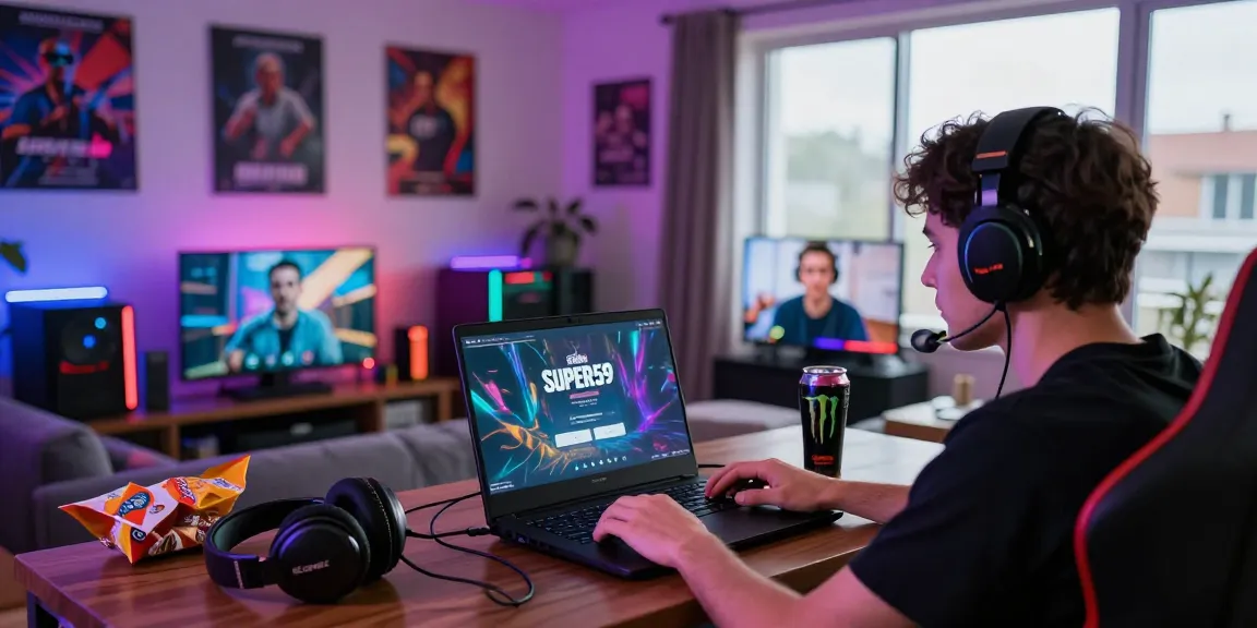 Proses login Super59 dengan antarmuka modern di ruang tamu gaming yang nyaman