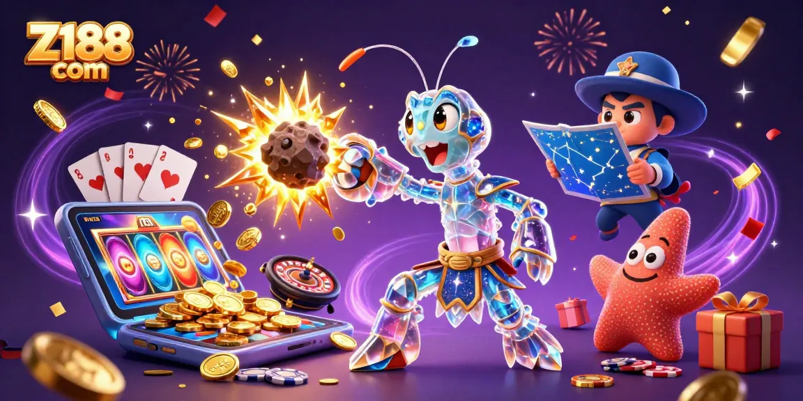 Experience thrilling wins at Z188 com with a colorful dynamic gaming scene filled with slots and vivid characters.