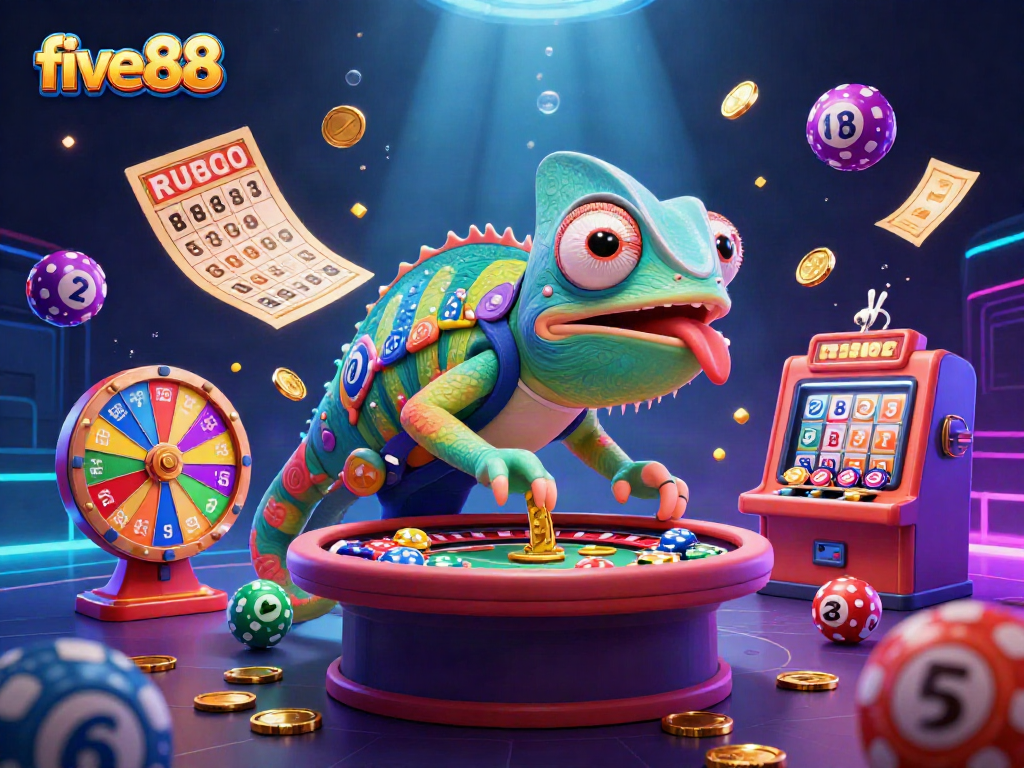 Engage with five88's vibrant gaming experience, highlighted by colorful lottery elements and a dynamic chameleon casino owner.