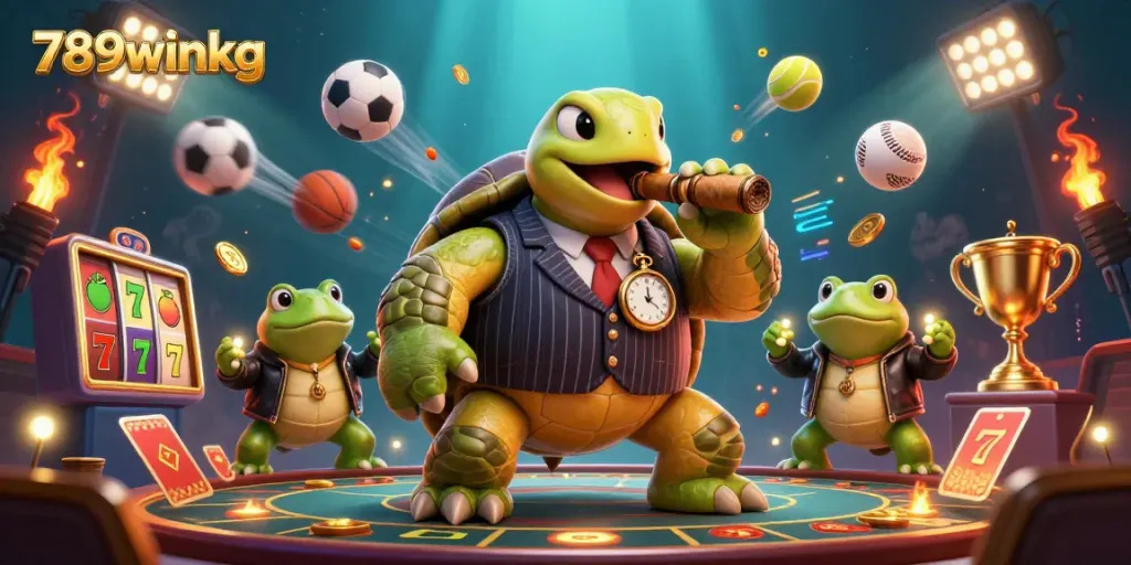 Enjoy the dynamic casino scene with 789winkg featuring a snapping turtle in a mobster suit surrounded by vibrant game elements.