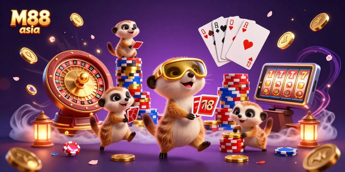 M88 asia showcases a vibrant 3D cartoon casino scene with meerkats dealing cards and sneaking chips.