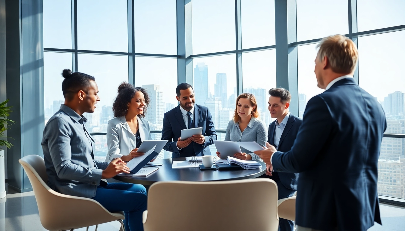 Clients discussing potential grants with a financial consultant in a bright modern office