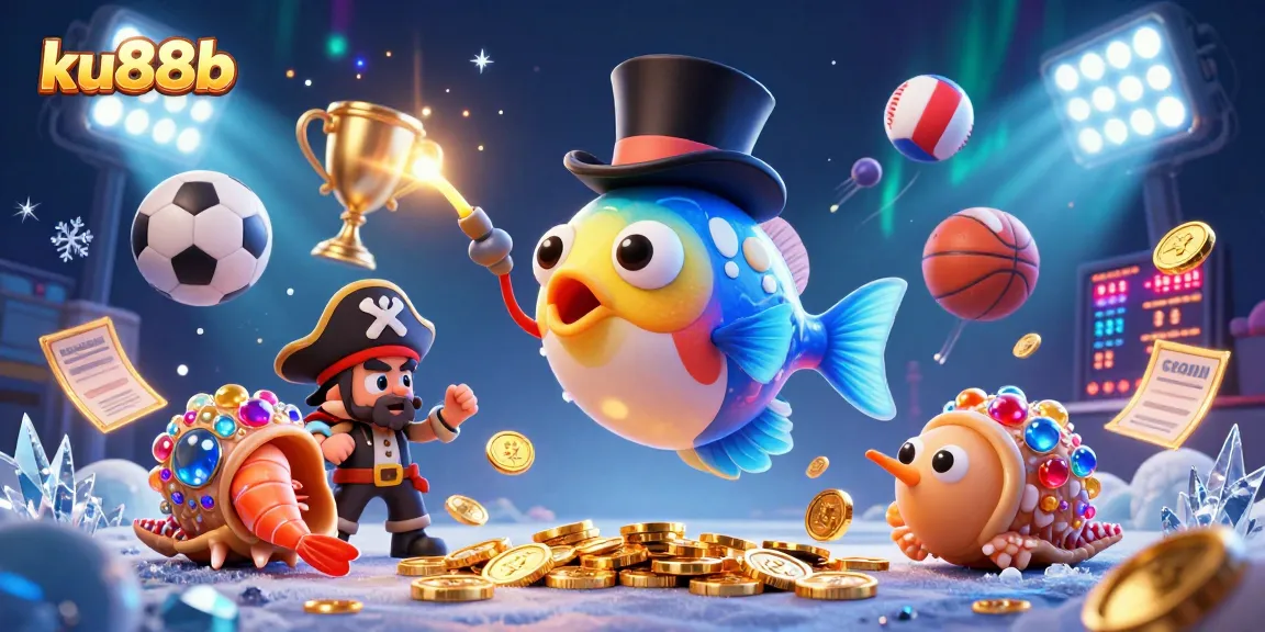 ku88b attracts players with a lively 3D casino scene featuring dynamic sports elements and sparkling treasures.