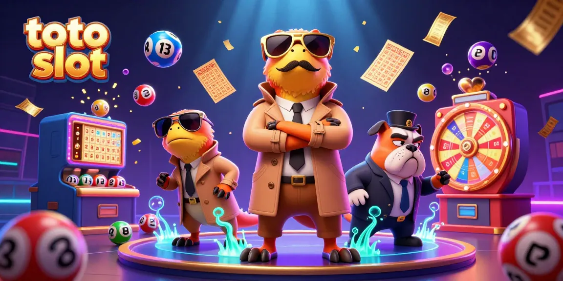 Engage in the toto slot experience as cartoon raptors try to enter a casino with dynamic lottery elements surrounding.