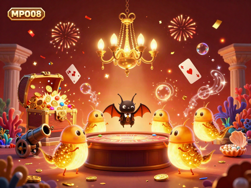 MPO08 illuminates the casino scene with glowworms as a bat dealer oversees playful gameplay, enriching user experience.