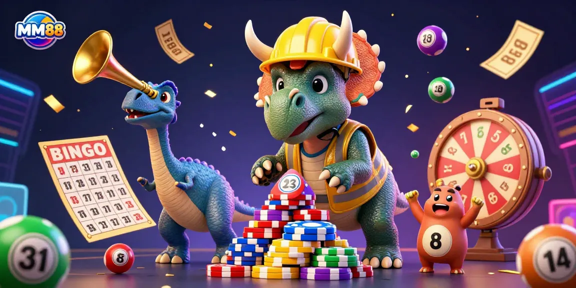 MM88 features a vibrant 3D cartoon scene of a triceratops building poker chips with lottery elements and a festive background.
