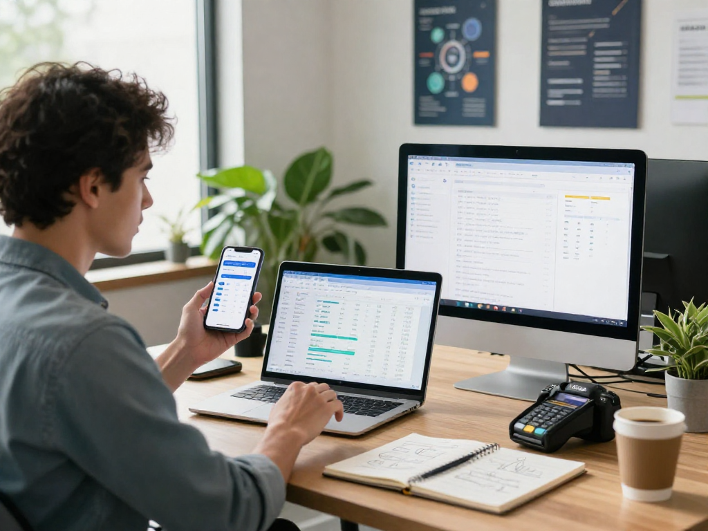 Using the debet app for digital payments in a modern workspace with analytics on display