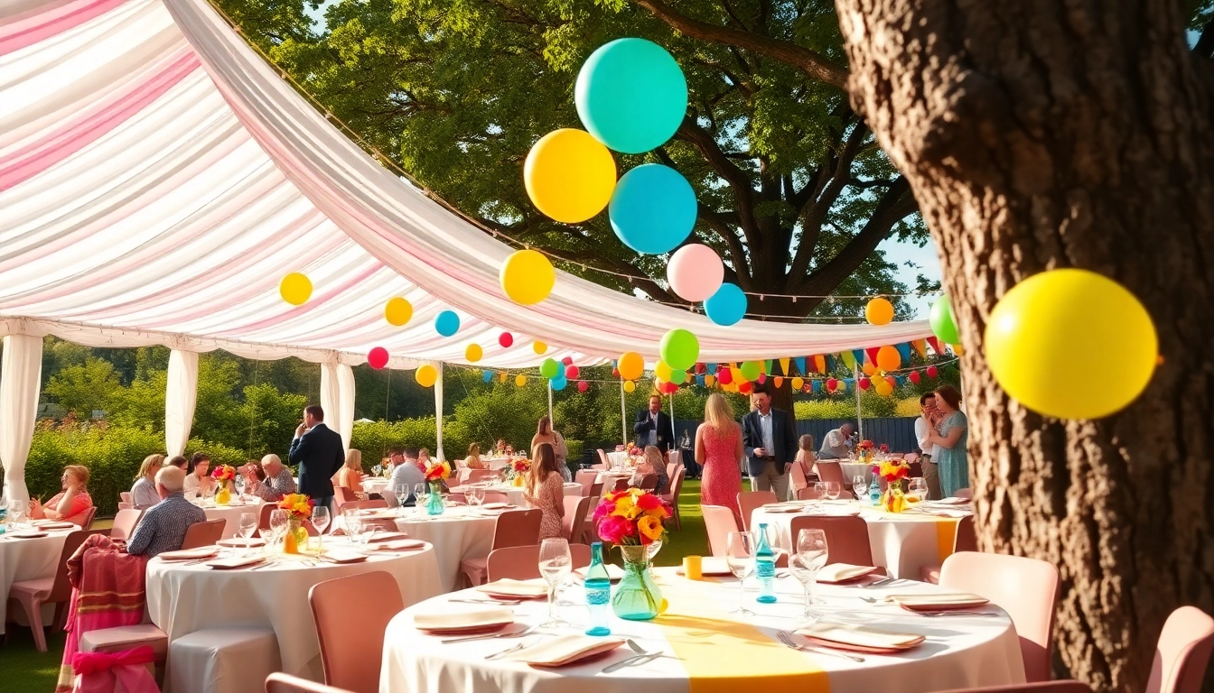 Outdoor Party Rentals setup with vibrant decorations and guests enjoying a sunny celebration.