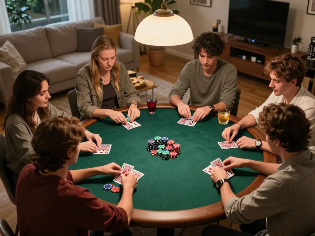 gg88 players enjoying a friendly poker night at home with chips and cards in focus, creating a lively gaming atmosphere.