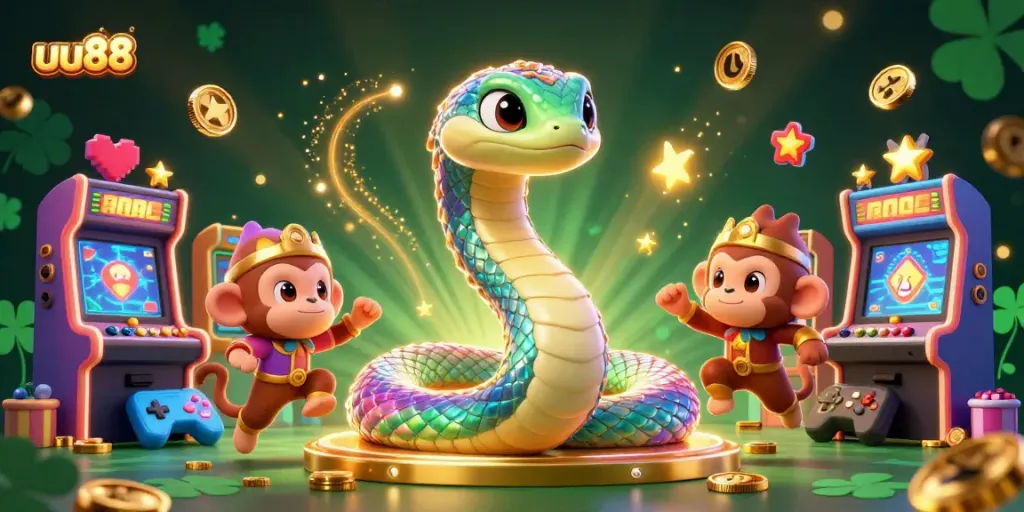Play slots with uu88 in a vibrant 3D gaming world featuring colorful characters and arcade elements.