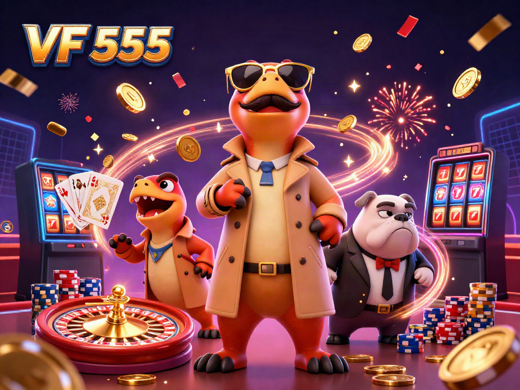 Experience VF 555 excitement with cartoon raptors entering a VIP casino lounge, vibrant and dynamic.