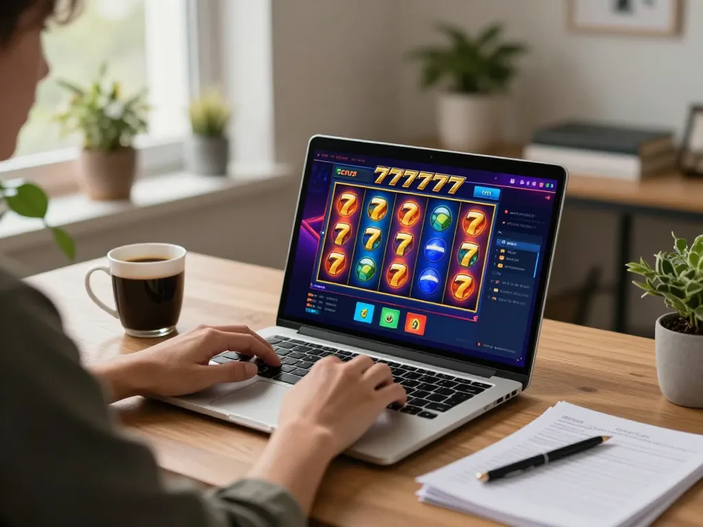 Engaging in slot777 gameplay on a laptop in a stylish home office with cozy lighting