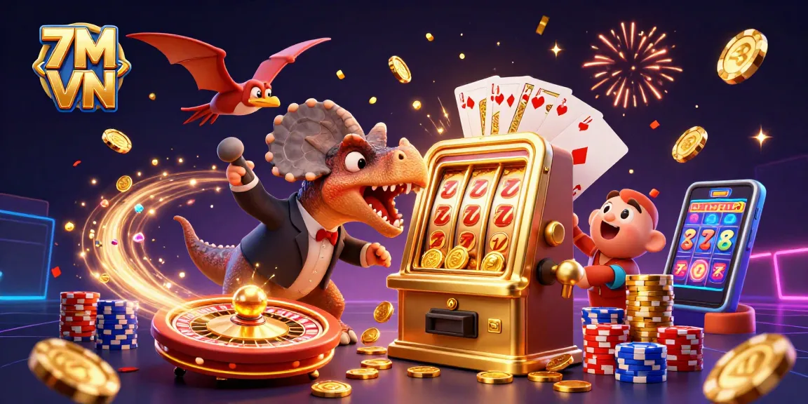 7M VN showcases a thrilling scene of dinosaurs amidst a vibrant casino with cascading coins and exciting gaming elements.