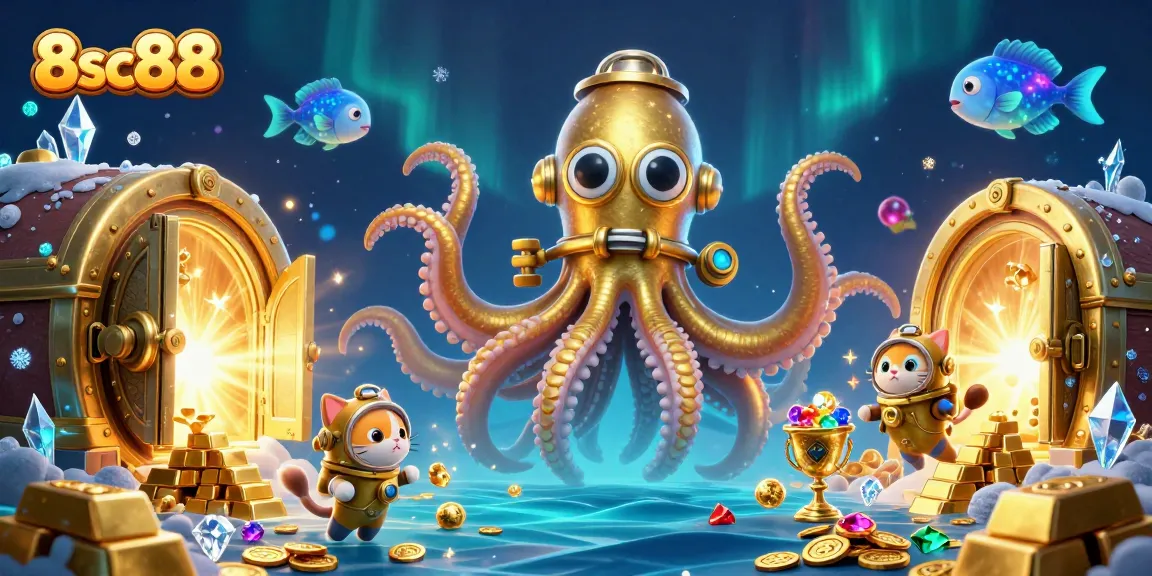 Experience the thrill at 8sc88 with a colossal kraken and diving cat amidst treasure and excitement.