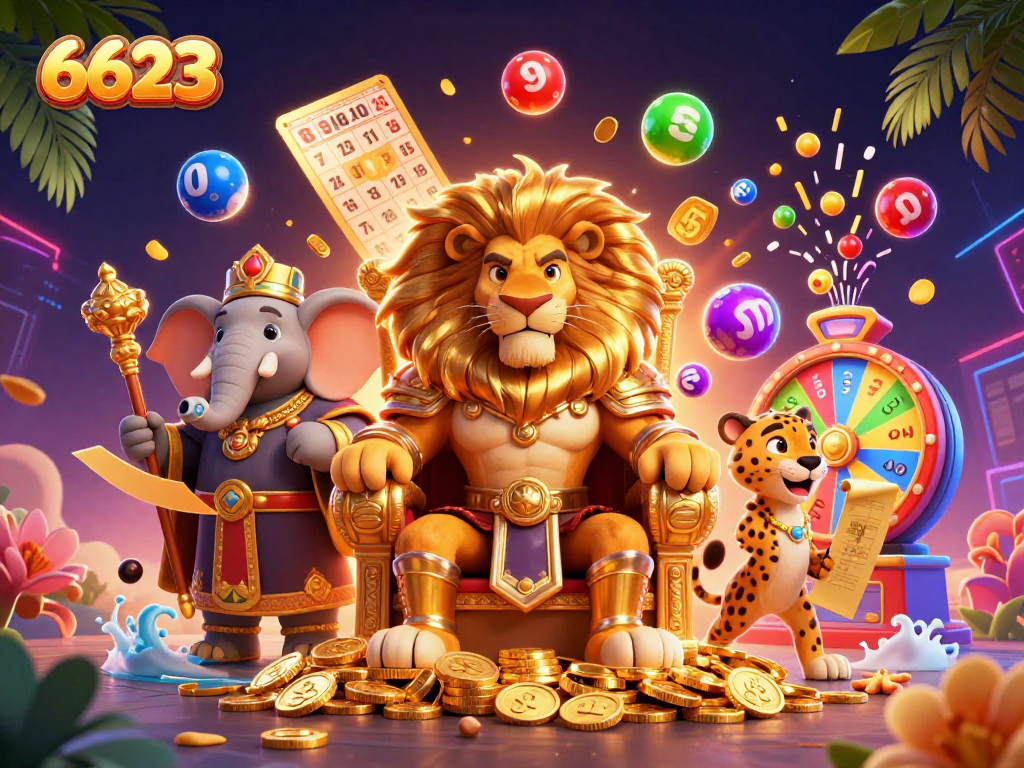 Win big with 6623 in this vibrant casino scene featuring animated characters and dynamic prizes.