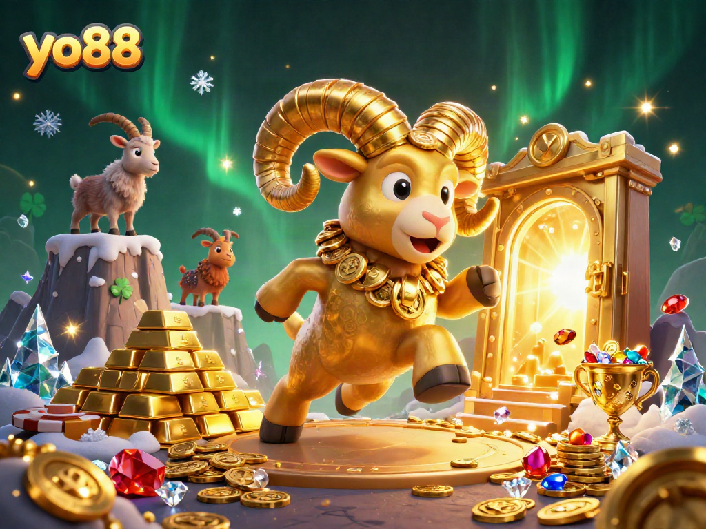 Experience thrilling play at yo88 with golden ram and treasures in a dynamic 3D casino setting.