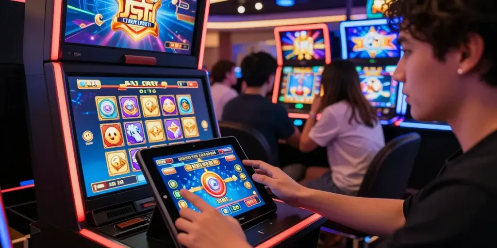 Player enjoying bro138 slot on tablet amidst vibrant casino graphics.