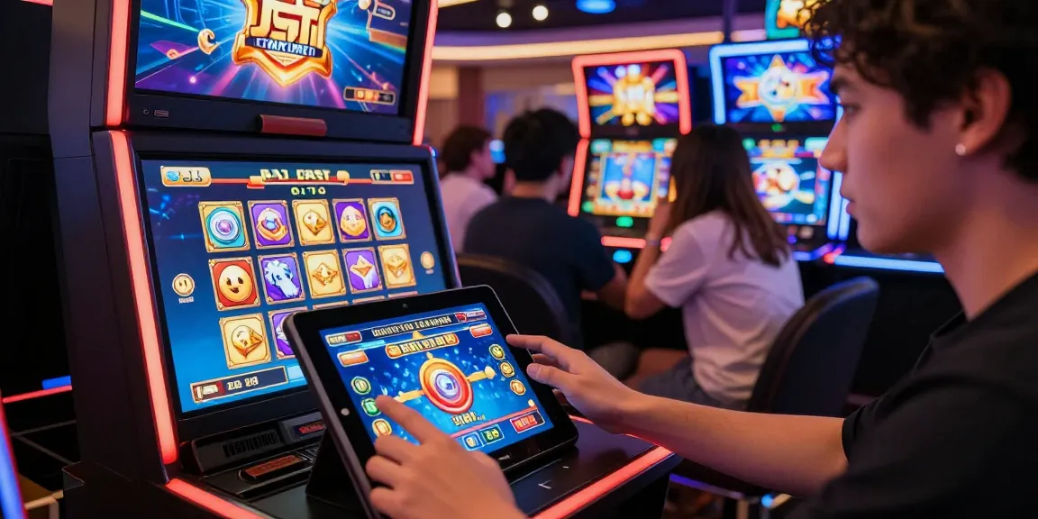 Player enjoying bro138 slot on tablet amidst vibrant casino graphics.