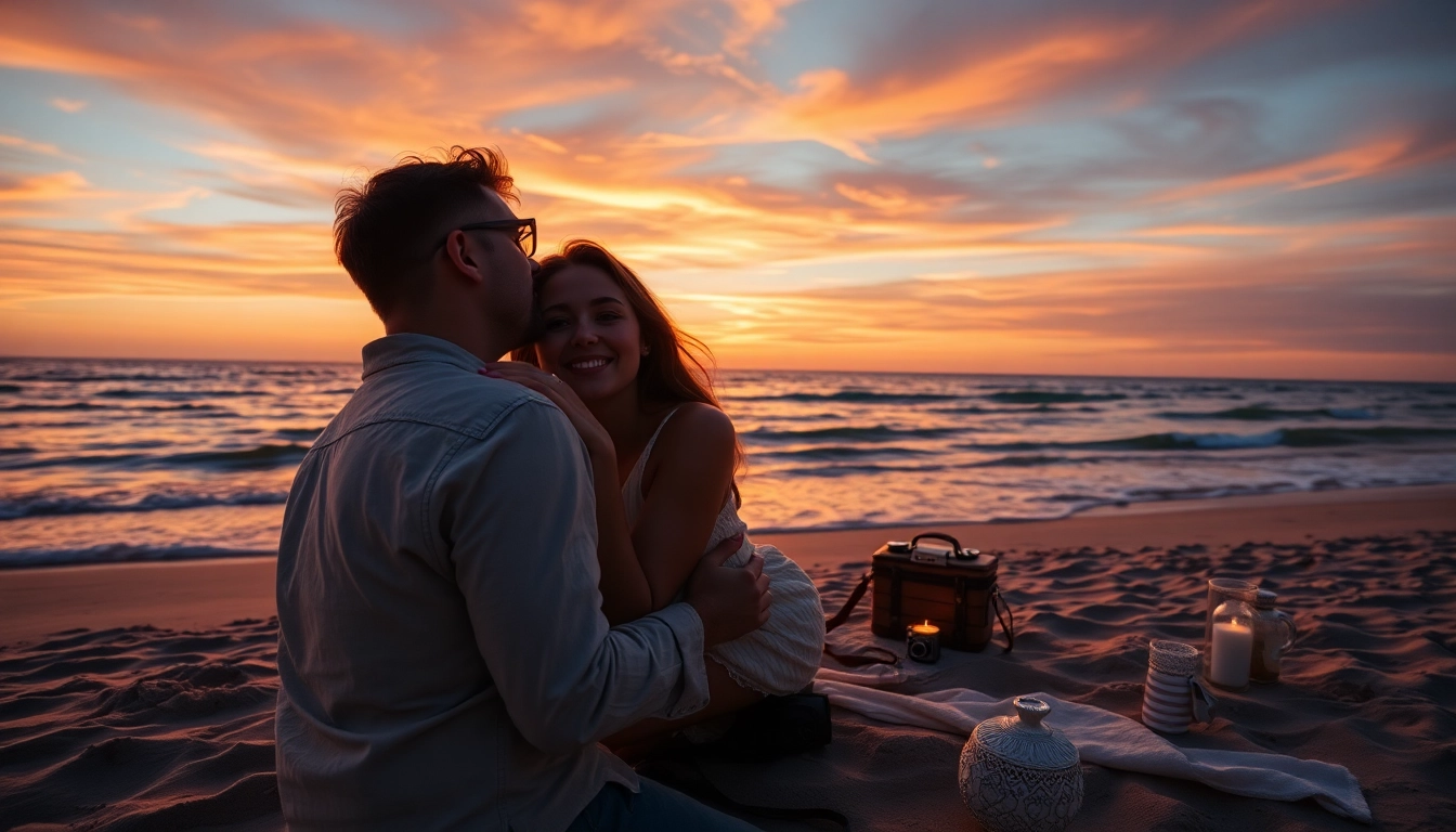 Destination photographer capturing a romantic moment on a picturesque beach at sunset.