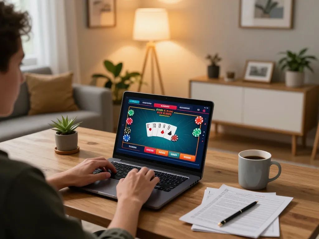 Engaged player on trang chủ luck8 enjoying online poker with strategy notes in cozy home setting