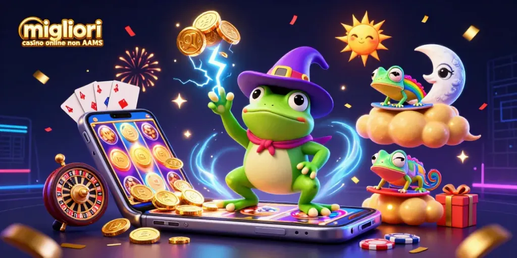 I migliori casino online non AAMS mostrano un mago rana generando monete d'oro in un'atmosfera festosa.