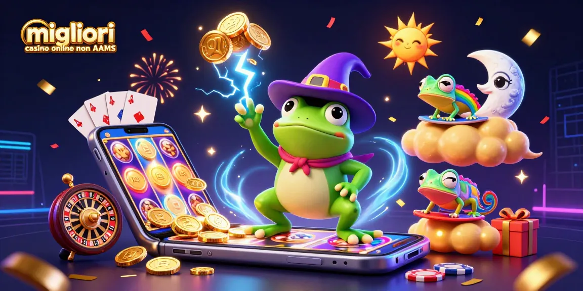 I migliori casino online non AAMS mostrano un mago rana generando monete d'oro in un'atmosfera festosa.