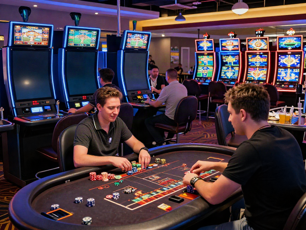 Casino scene showcasing vibrant energy and diverse players engaging in betting activities at https://five88bet.org/.