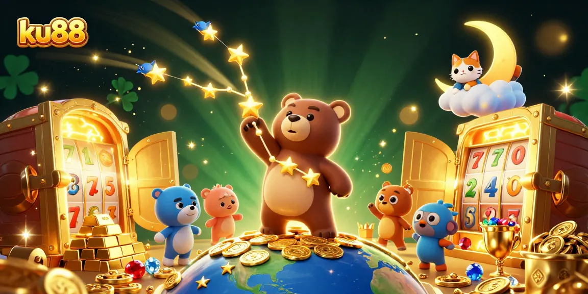 Play slots and win big with ku88 in this vibrant, magical casino illustration.