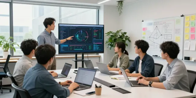 Collaborative team discussion on Enterprise AI model metrics in a modern tech workspace.