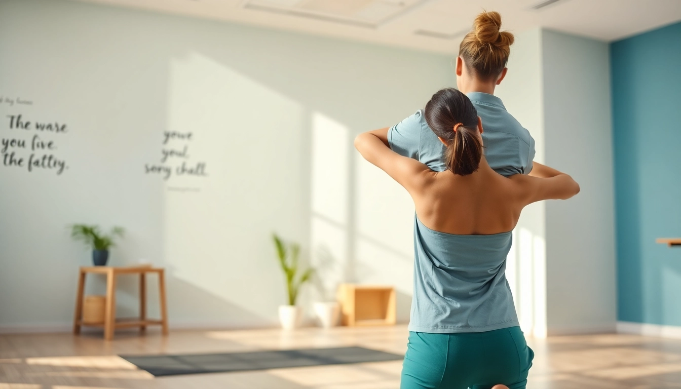 Practitioner performing back pain relief techniques with a patient in a calming clinic environment