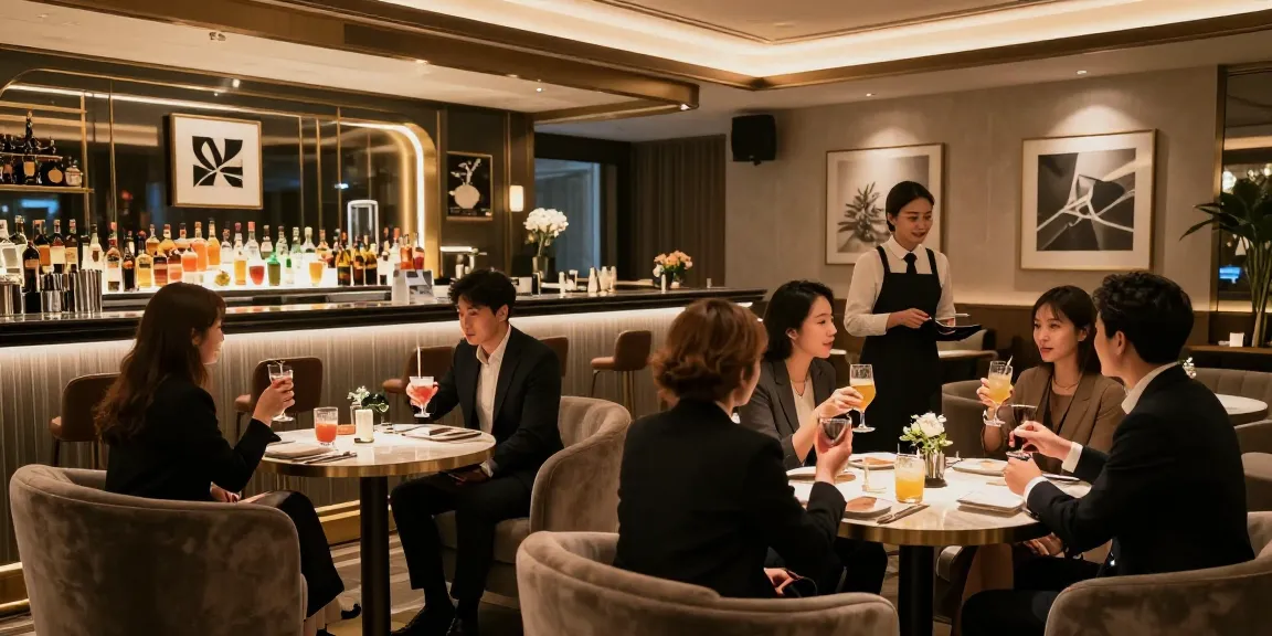 강남타이밍 쩜오의 고급스러운 실내와 아늑한 분위기에서 손님들이 음료를 즐기는 모습