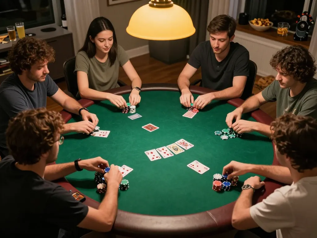 Engage in 789 poker gameplay with friends at a vibrant home game night showcasing chips and cards.