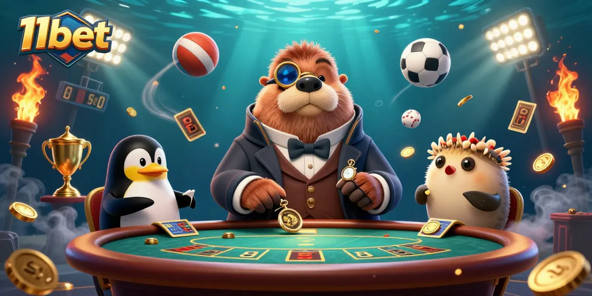 Join the fun with 11bet in this vibrant underwater poker scene featuring lively characters.
