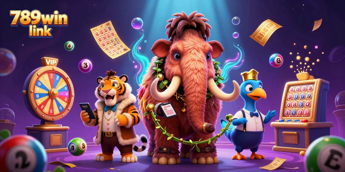 Join the excitement at 789win link; a vibrant casino scene filled with thrilling game elements and colorful characters