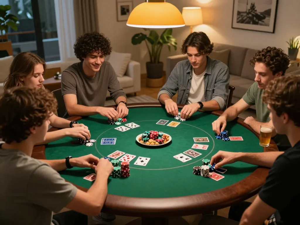Experience dynamic home poker gameplay with friends at https://f168.sarl/, featuring colorful chips and a cozy atmosphere.
