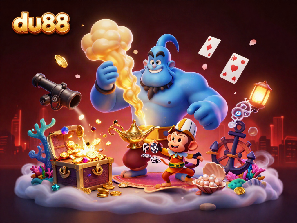Experience the thrill of du88 with a magical casino adventure featuring a genie, monkey, and poker.