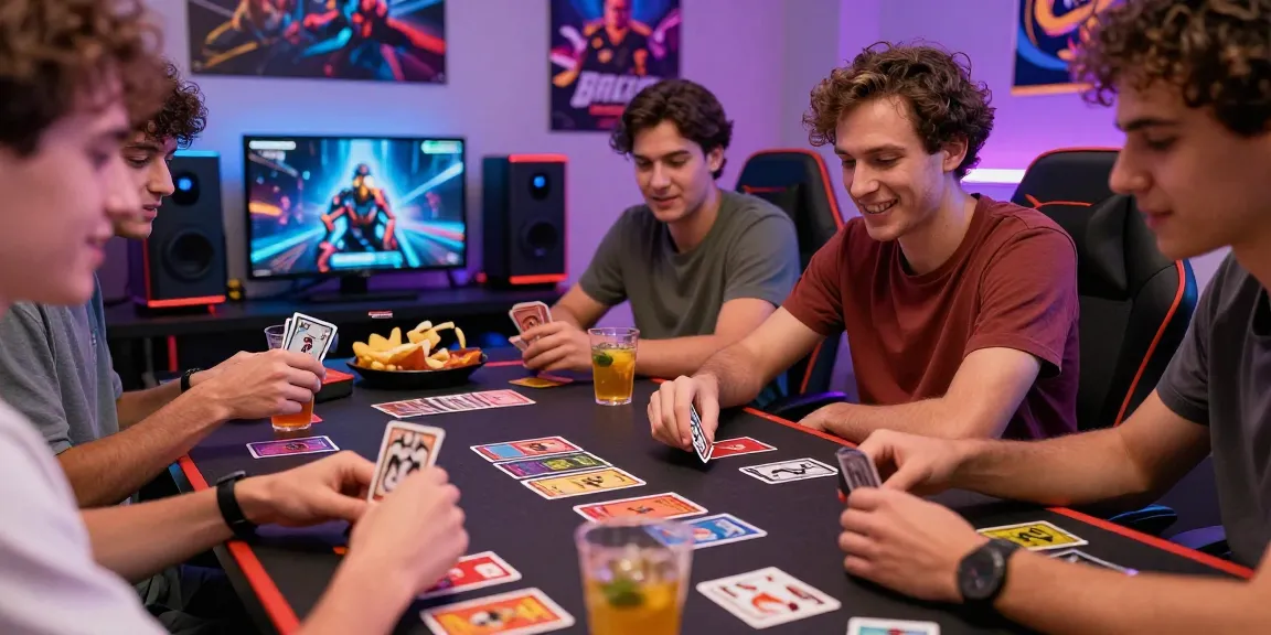 Friends enjoying hitclub gaming night with cards and console.