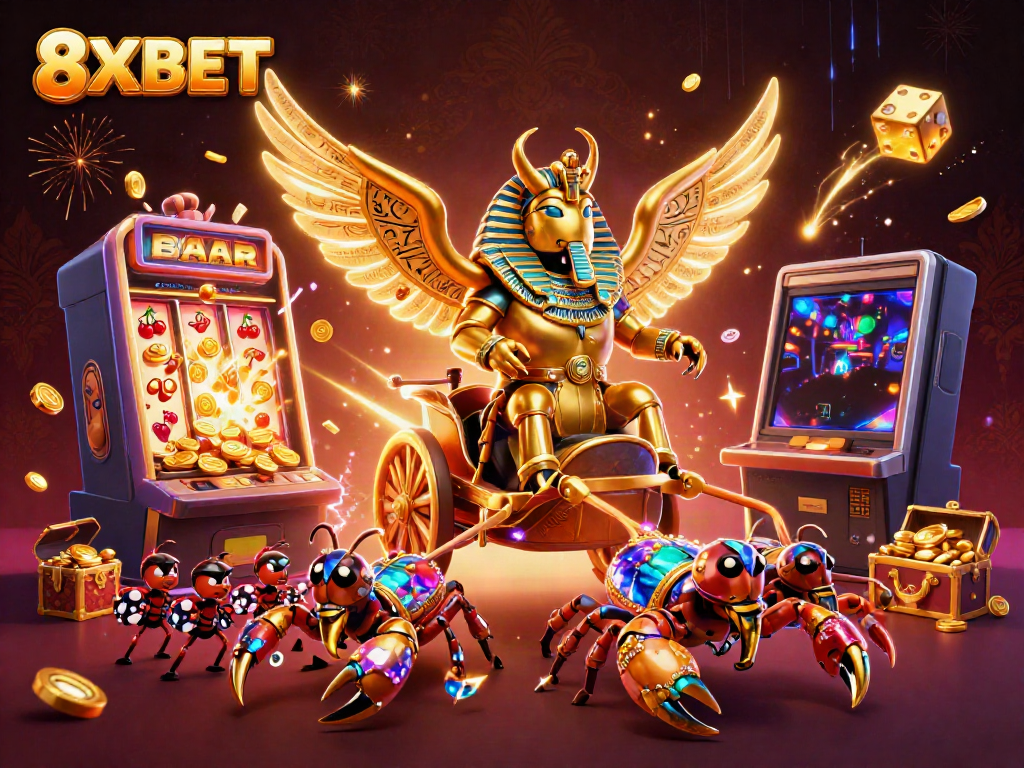 Celebrate wins at 8XBET with a dynamic casino scene featuring a golden scarab and rich casino elements.