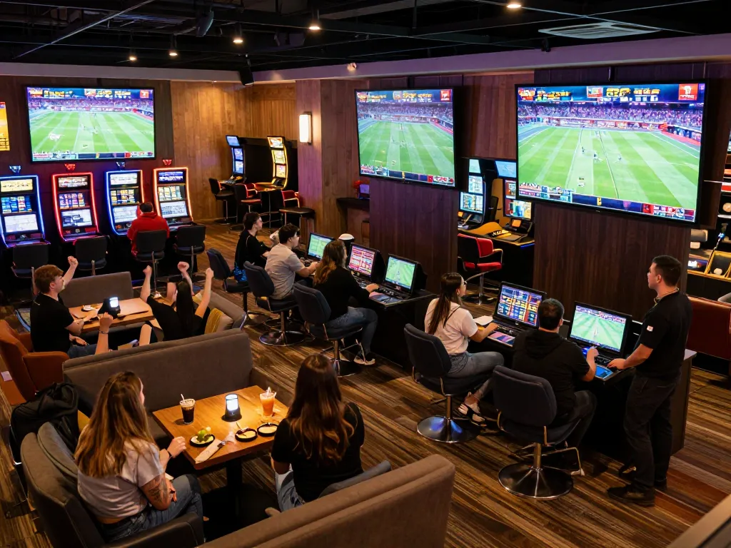 BONGDALU patrons engaged in live sports betting experience with excitement and dynamic screens.