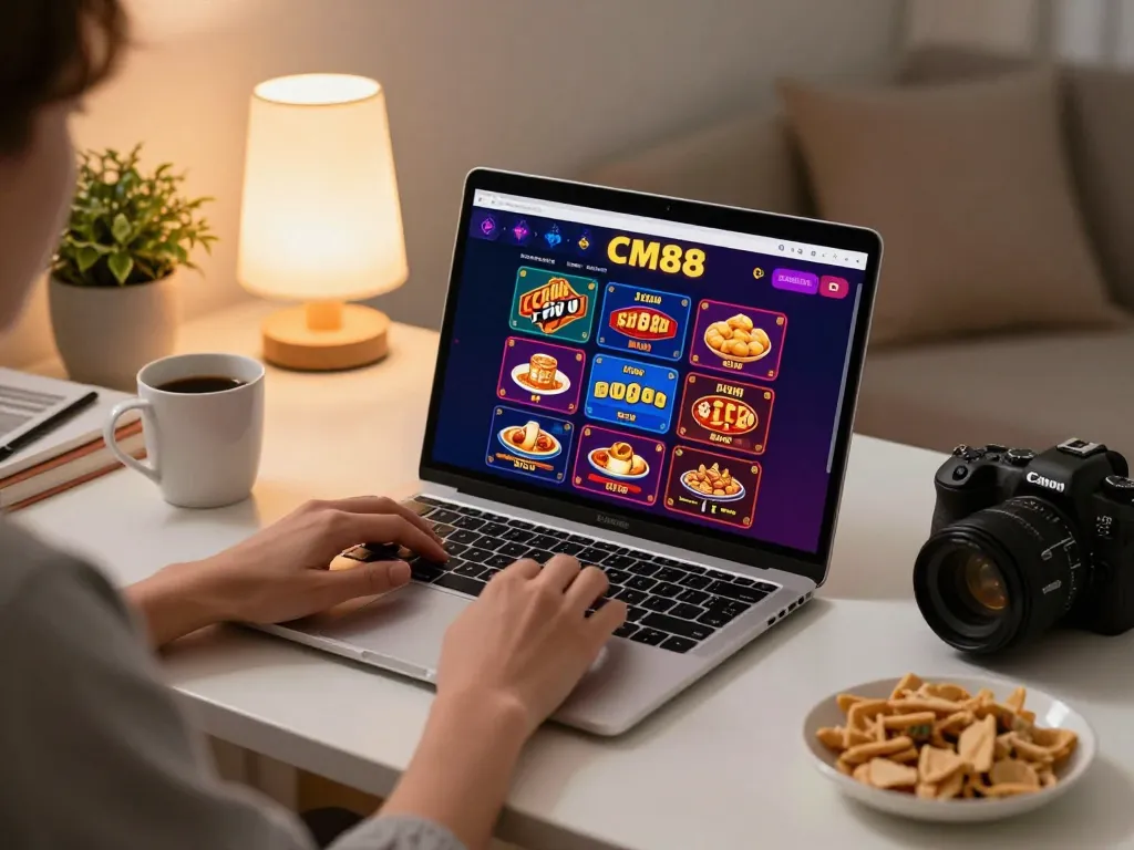 Engaged player interacts with CM88 online casino interface on laptop in cozy home environment.