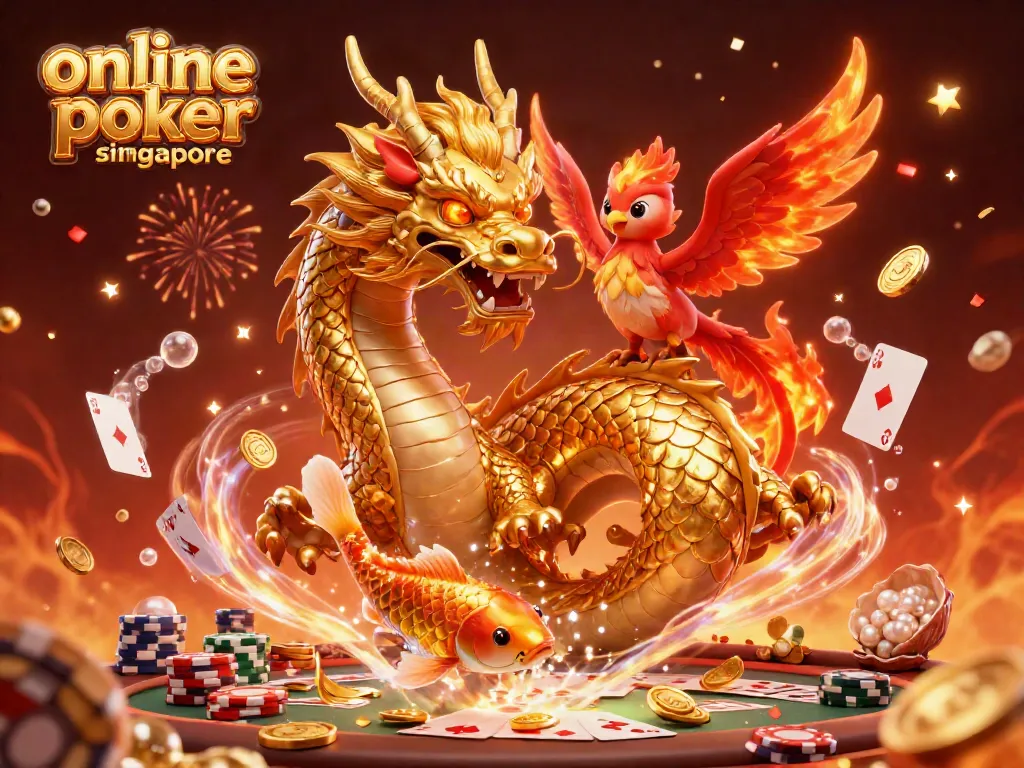 Win big at online poker Singapore with this vibrant illustration featuring dragons, phoenixes, and colorful casino elements.