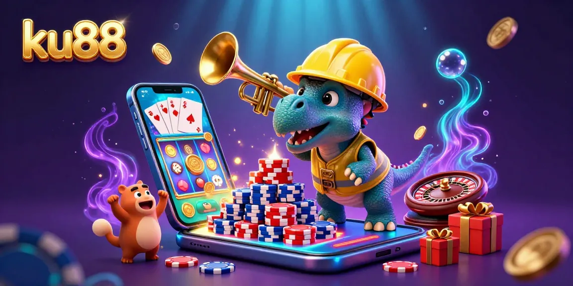 Engage in thrilling casino fun with ku88 as a triceratops builds poker chip pyramids amid dynamic gaming elements.